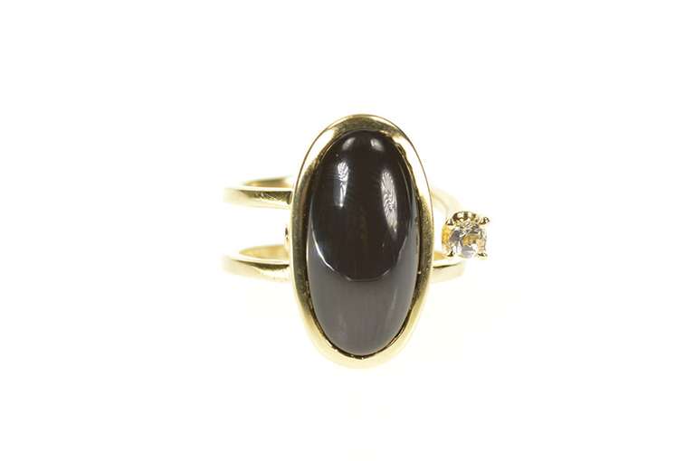 14K Yellow Gold Oval Black Onyx CZ Accent Retro Statement Ring