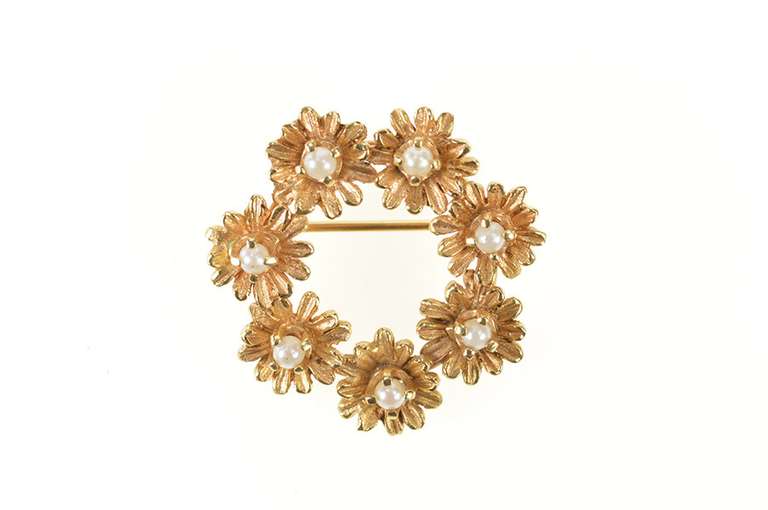 14K Yellow Gold Pearl Inset Flower Daisy Wreath Statement Pin/Brooch