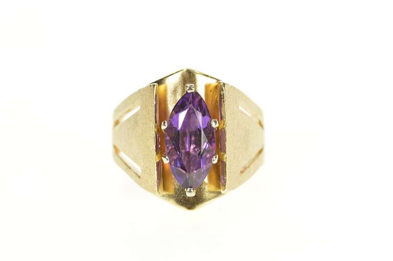 14K Yellow Gold Marquise Amethyst Solitaire Squared Statement Ring