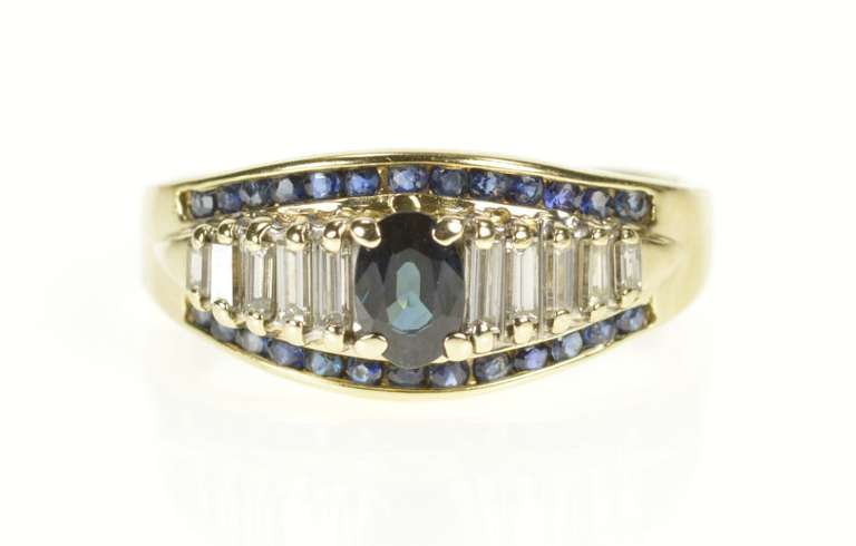 14K Yellow Gold Natural Sapphire Engagement Baguette Diamond Ring