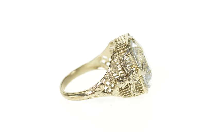 14K White Gold Art Deco Ornate Filigree Blue Topaz Statement Ring