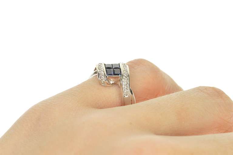 18K White Gold 0.71 Ctw Baguette Sapphire Diamond Bypass Ring