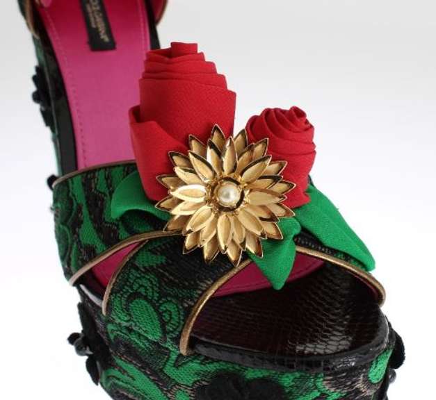 DOLCE & GABBANA  Green Brocade Snakeskin Roses Crystal Shoes