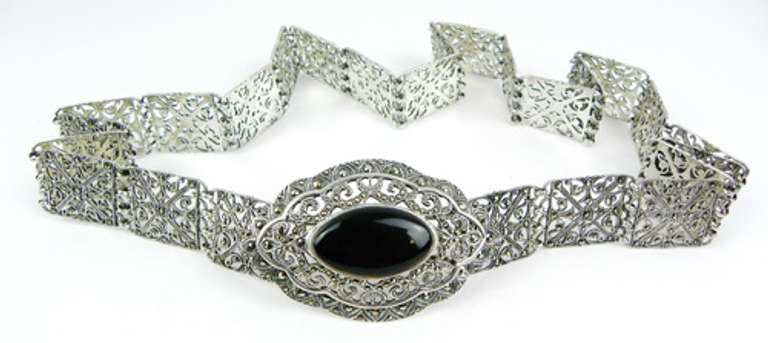Beautiful Sterling Filigree Onyx & Marcasites