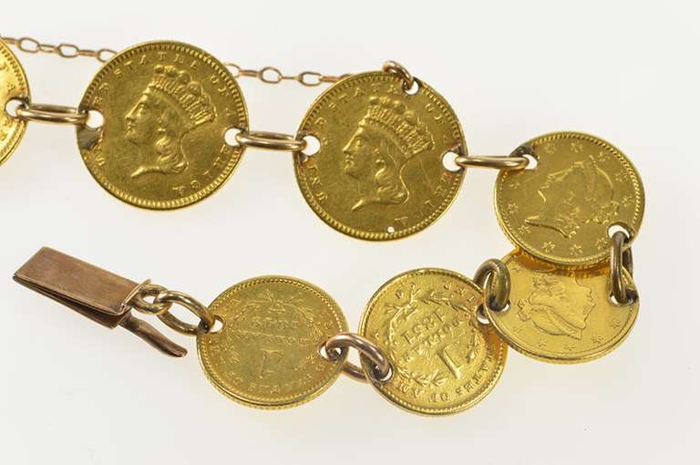 22K Yellow Gold 1849-1874 Gold Dollar Coin Love Token Bracelet