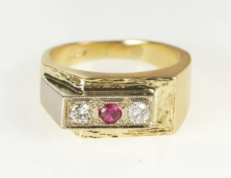 14K Yellow Gold Men's Retro Squared Diamond Syn. Ruby Ring