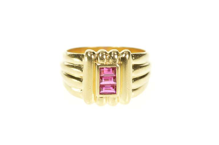 14K Yellow Gold Baguette Ruby Scalloped Geometric Statement Ring