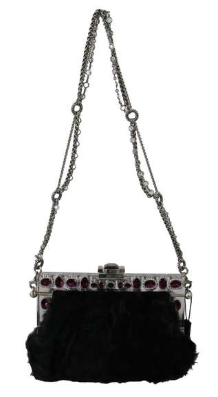 DOLCE & GABBANA Black Fur Silver Crystal Shoulder VANDA Purse