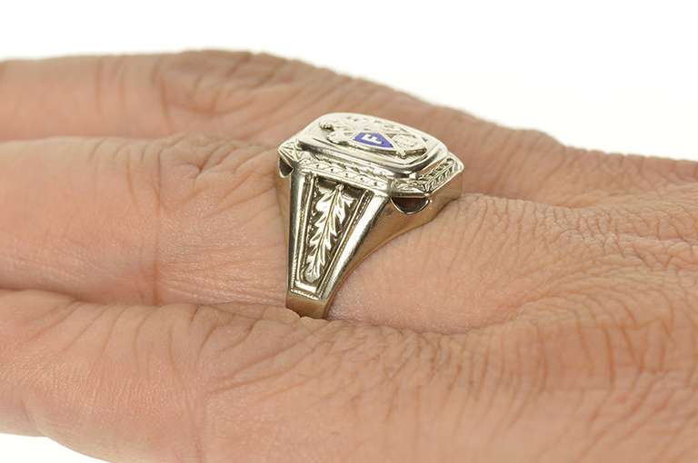 10K White Gold Knights of Pythias Art Deco Enamel Signet Ring