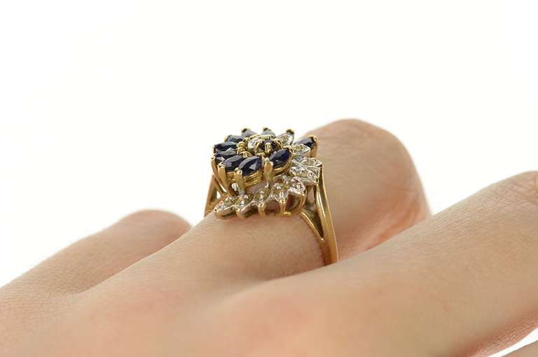 10K Yellow Gold Sapphire Diamond Swirl Spiral Cocktail Ring