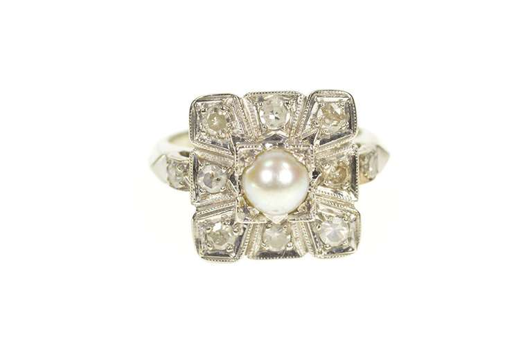 14K White Gold Art Deco Squared Pearl Diamond Engagement Ring