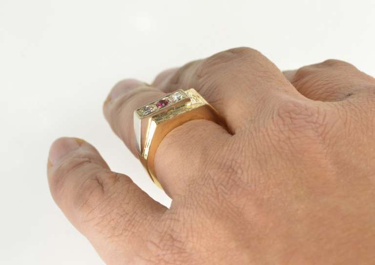 14K Yellow Gold Men's Retro Squared Diamond Syn. Ruby Ring