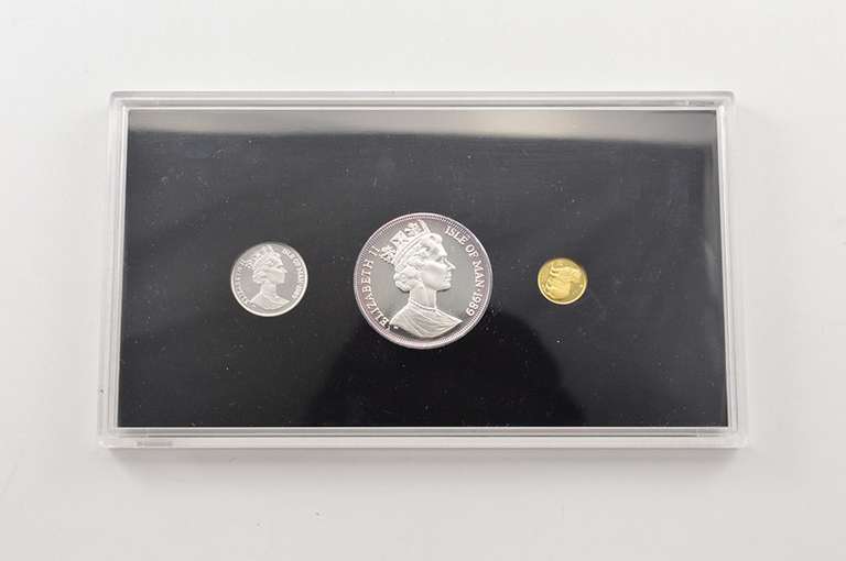 (3) 1989 Isle Of Man 1 Crown 1/25 Oz Gold 1/5 Oz Platinum 1 Oz Silver