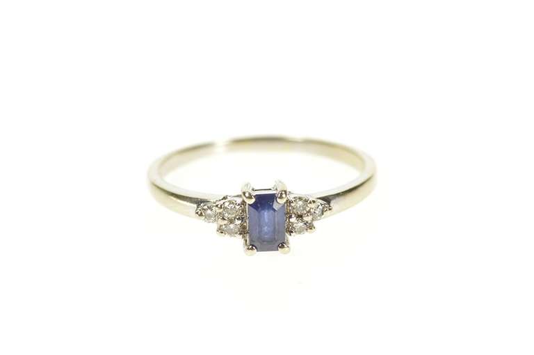 14K White Gold Emerald Cut Sapphire Diamond Engagement Ring