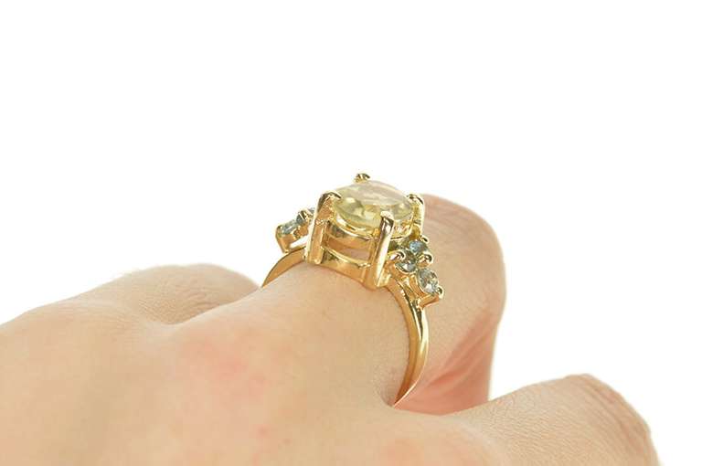 14K Yellow Gold Quartz Blue Topaz Cluster Accent Cocktail Ring