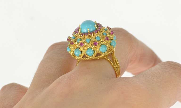 18K Yellow Gold Ornate Turquoise Ruby Statement Cocktail Ring