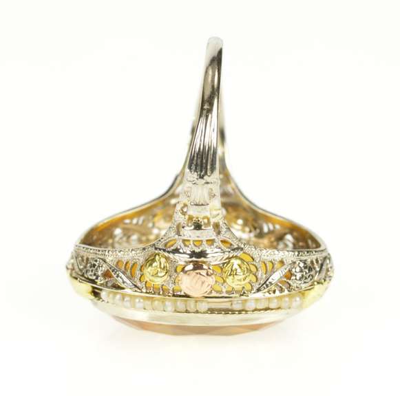 10K White Gold Art Deco Citrine Floral Rose Filigree Cocktail Ring