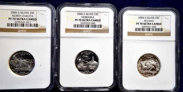 Lot of 3 Proof 70 Ultra Deep Cameo NGC 2006 State Quarters North Dakota, Nebraska, Nevada