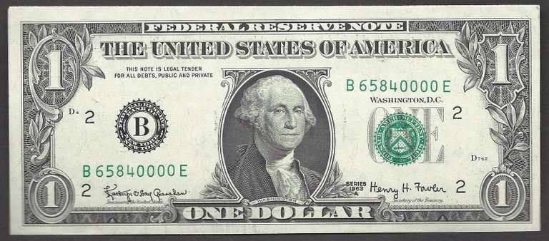 $1 1963-A FRN FANCY NUMBER B 65840000 E Very Ch New