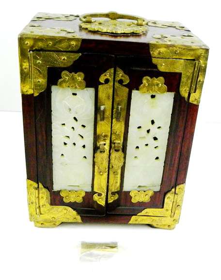 Chinese Rosewood & Jade Jewelry Box Chest