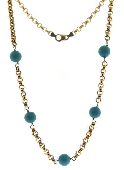 Elegant 14kt YG Turquoise Bead & Rolo Chain Necklace