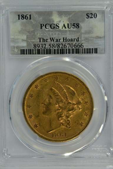 Essentially Brilliant Uncirculated 1861 Type One $20 Liberty Gold Piece. PCGS AU58 'The War Hoard'