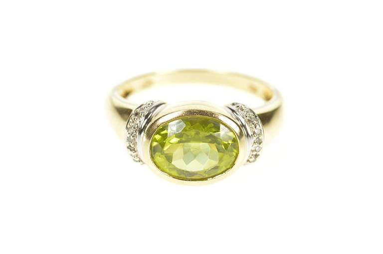 10K Yellow Gold Oval Peridot Diamond Statement Accent Ring