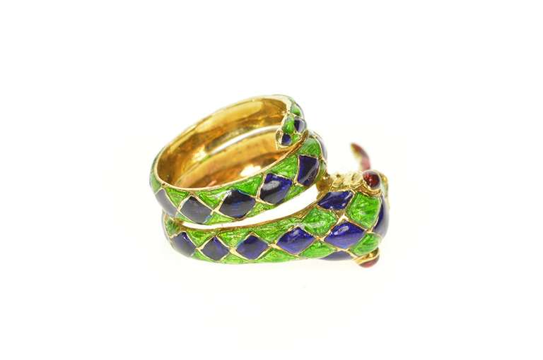 18K Yellow Gold Checkered Blue Green Enamel Snake Serpent Ring