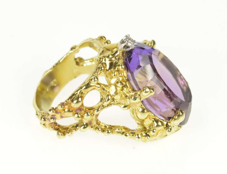 14K Yellow Gold Massive Amethyst Diamond Abstract Cocktail Ring