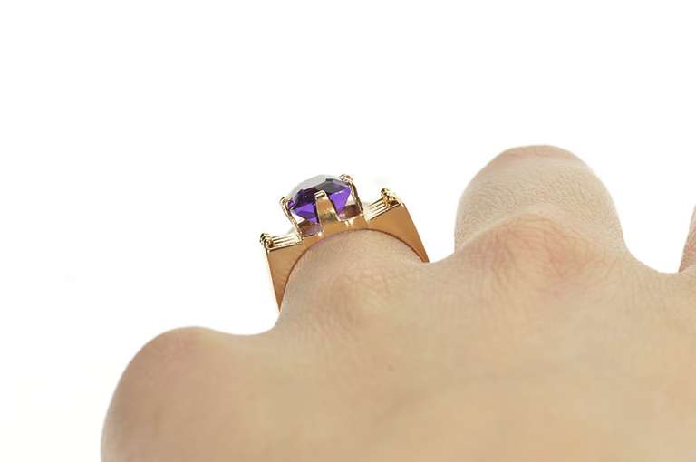 14K Yellow Gold Retro Soviet Russian Amethyst Statement Ring