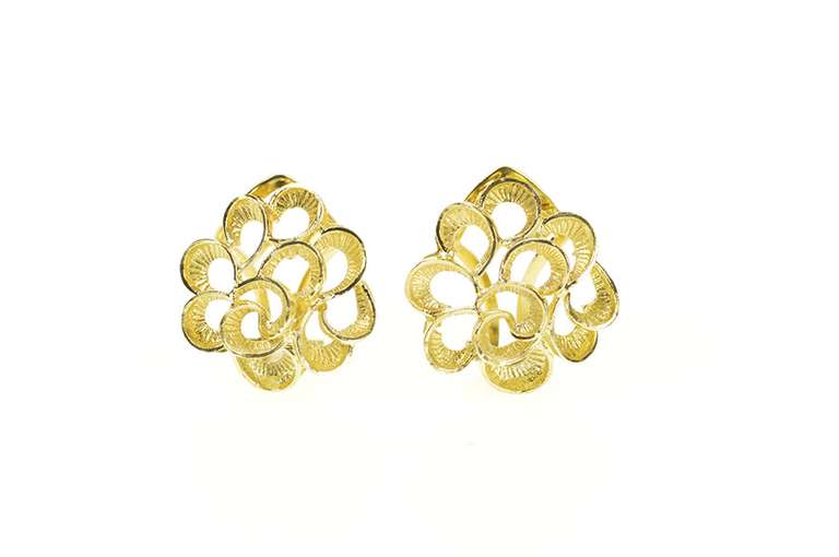 14K Yellow Gold Retro Scalloped Petal Statement Clip Back Earrings