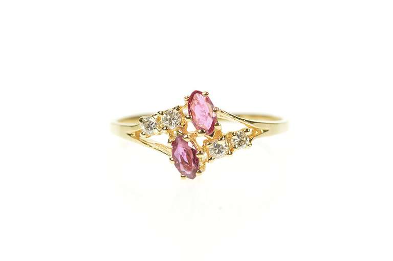 14K Yellow Gold Marquise Ruby Diamond Two Stone Bypass Ring