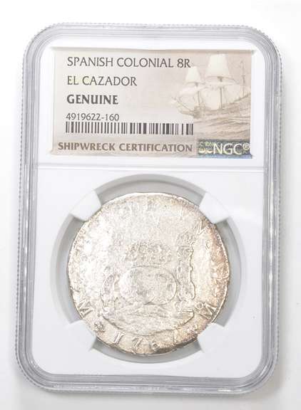 Genuine 1767 Spanish Colonial 8 Reales El Cazador NGC Shipwreck Cert.