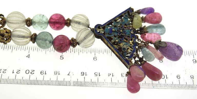 Vintage Enamel Amethyst, Aqua, Pink Tour Necklace