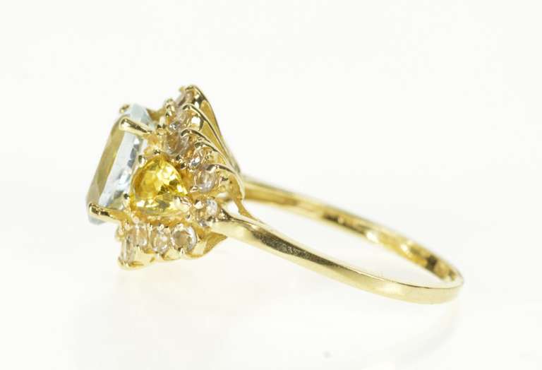 14K Yellow Gold Blue Topaz Pear Citrine CZ Halo Statement Ring