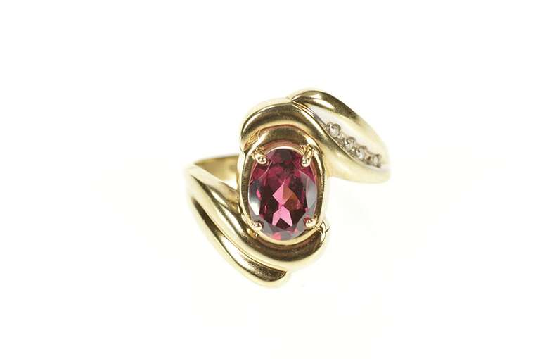 10K Yellow Gold Oval Purple Tourmaline Diamond Swirl Bypass Ring