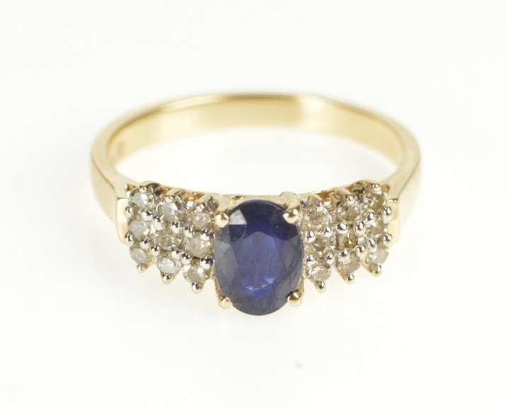 10K Yellow Gold Sapphire Diamond Tiered Cluster Engagement Ring