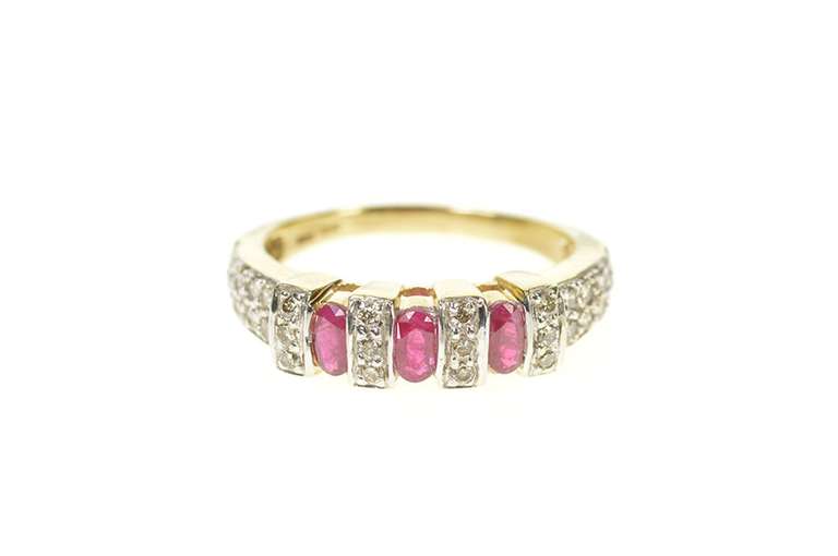 10K Yellow Gold Oval Ruby Diamond Encrusted Statement Band Ring