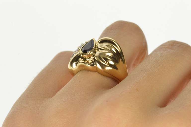 14K Yellow Gold Retro Pear Sapphire Diamond Wavy Statement Ring