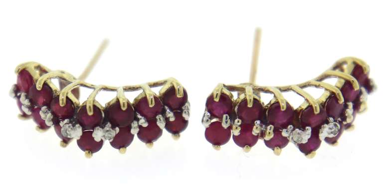 Glowing Yellow Gold Ruby & Diamond 3 Row Earings