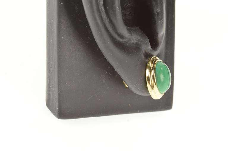 14K Yellow Gold Oval Malachite Cabochon Retro Stud Earrings