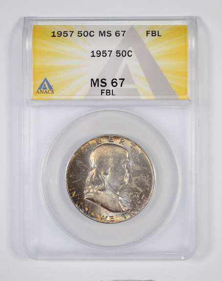 MS67 FBL 1957 Franklin Half Dollar - Graded ANACS - Rainbow Toning