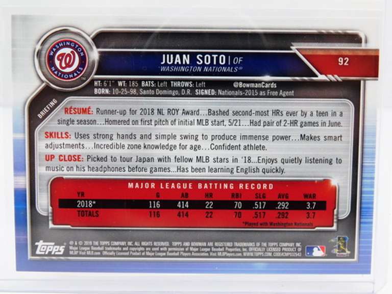 Juan Soto 2019 Topps Rookie Baseball Card
