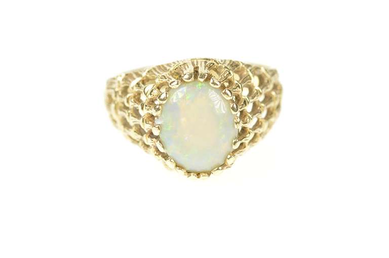 14K Yellow Gold 1960's Natural Opal Ornate Column Lattice Ring