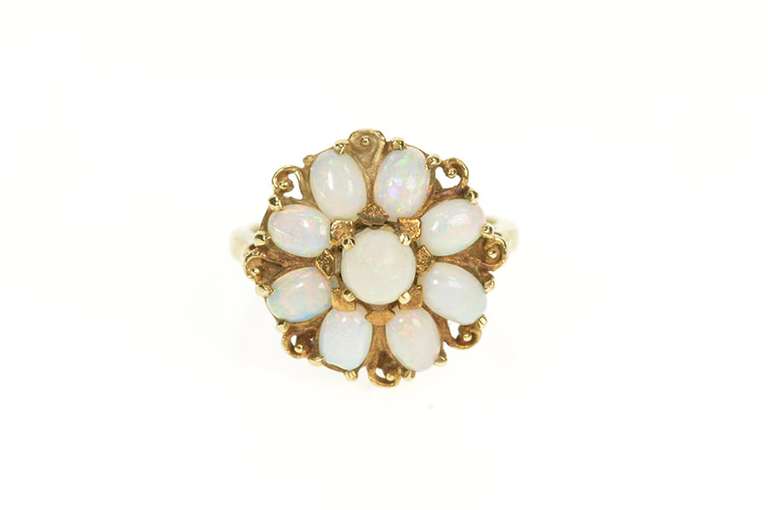 10K Yellow Gold Victorian Natural Opal Halo Statement Cocktail Ring