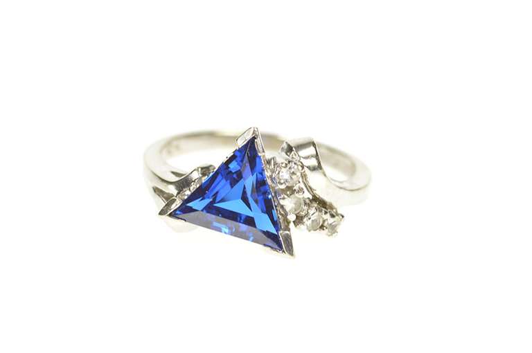 10K White Gold Trillion Syn. Sapphire CZ Retro Statement Ring