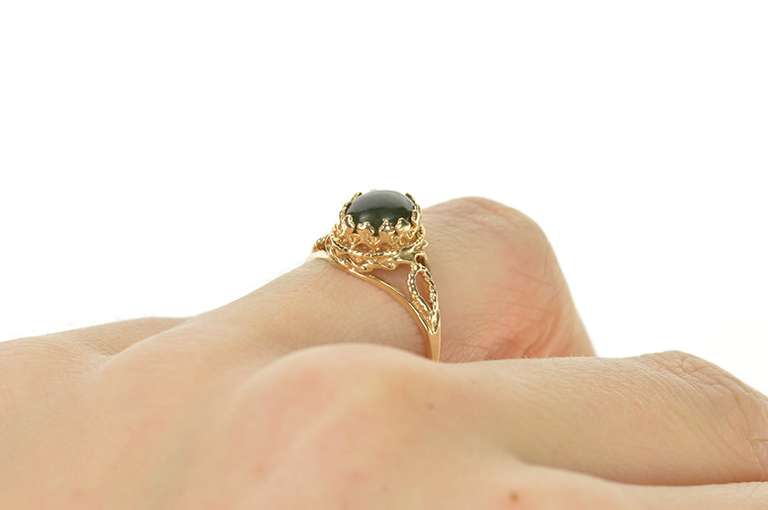 10K Yellow Gold Oval Nephrite Cabochon Rope Trim Statement Ring