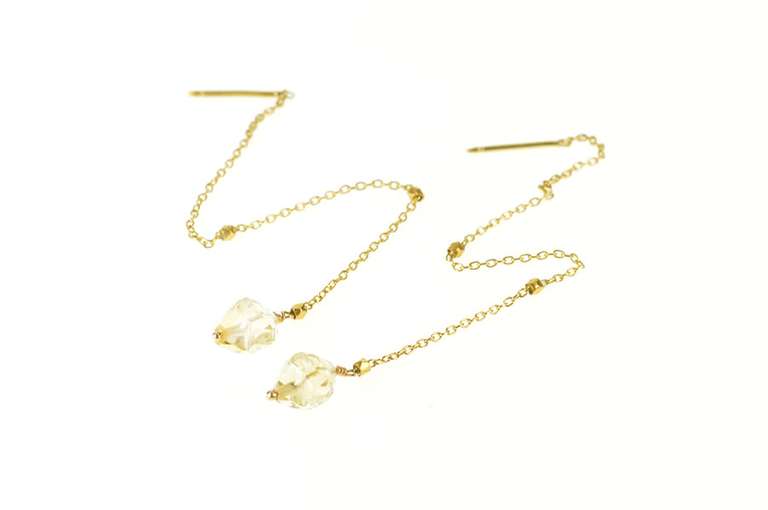 18K Yellow Gold Faceted Citrine Flower Dangle Drop Chain Earrings