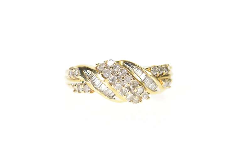10K Yellow Gold Wavy Baguette Round Diamond Statement Band Ring