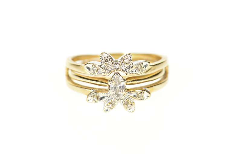 14K Yellow Gold Retro Diamond Engagement Bridal Set Ring